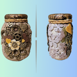 ieza única hecha a mano con detalles en relieve. El frente combina engranajes metálicos, corazones decorativos y una flor central que crea un diseño steampunk elegante.